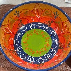 (2) Hand-Painted Multicolor Ceramic Serving Bowls - Vibrant Orange & Green